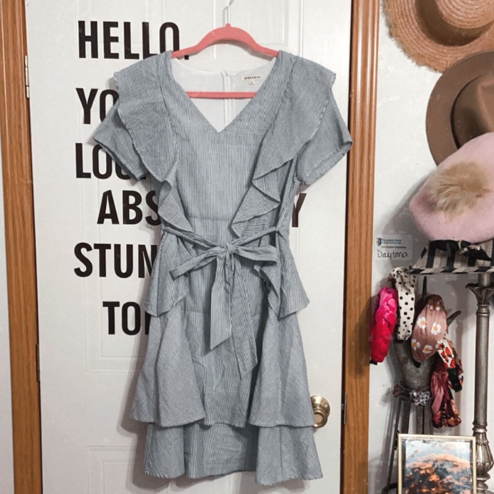 ruffle striped midi dress